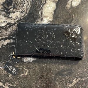 Black, pleather, flower wallet.